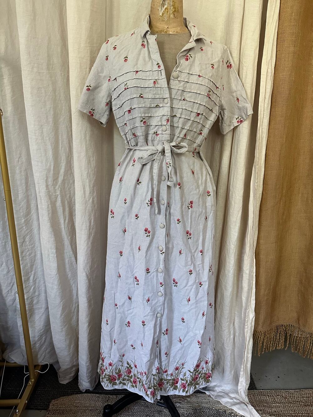 Vintage dress linen rayon blend Belted Floral Long Flare button up pink beige L